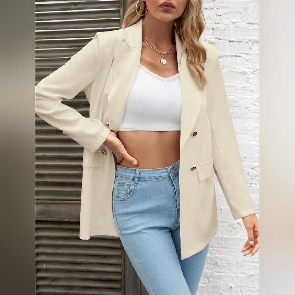 Women's Long Sleeve Blazers Lapel Neck Open Front Double Breasted Suit Business - Picture 4 of 6